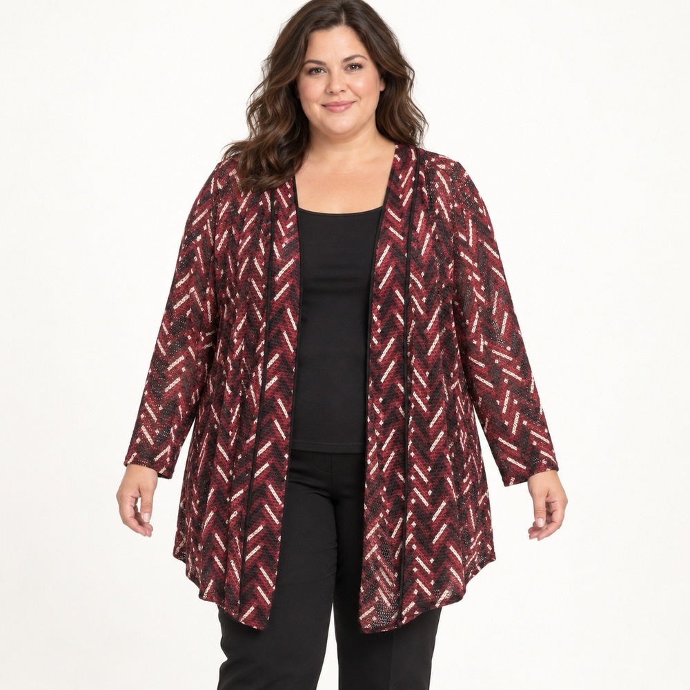 Catherines Women's 2X 22/24 Burgundy Geometric Open Front Cardigan